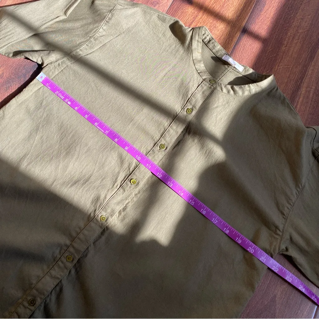 Eileen Fisher 100% Organic Cotton Tunic Length Button Down Olive Green Shirt - Image 9