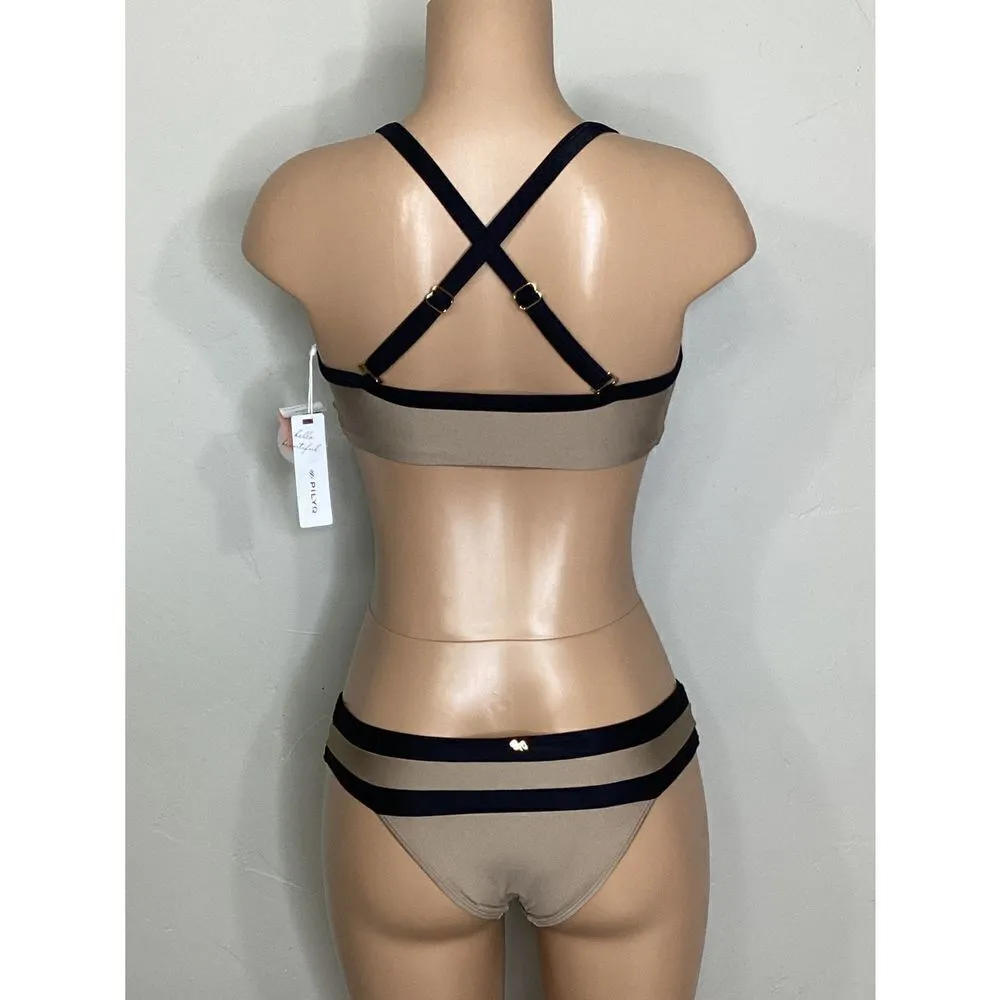 New. Pilyq tan and black color block bikini set. L-top/S-bottom - Image 5