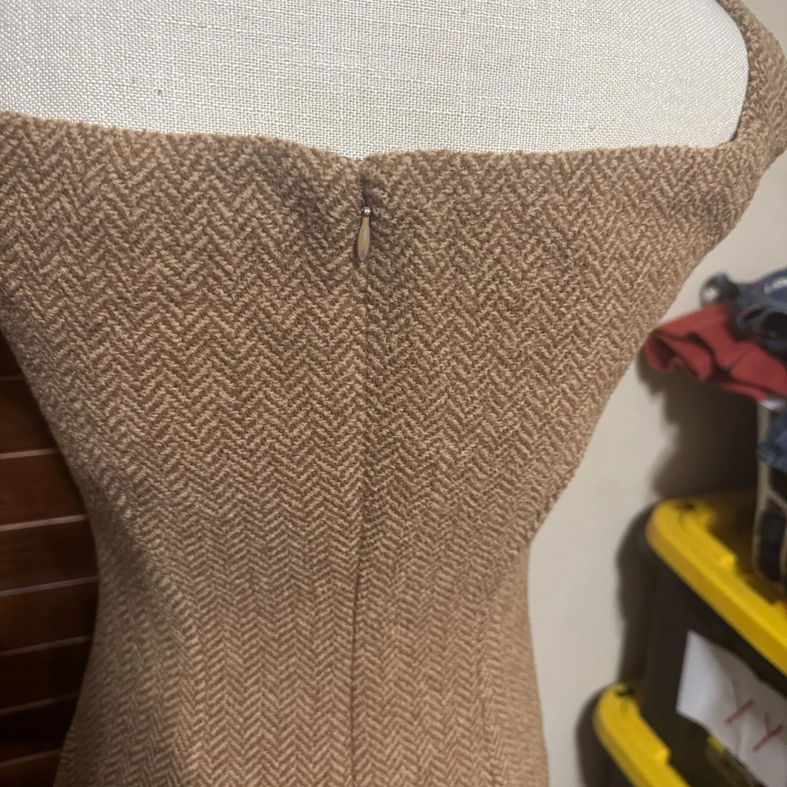 Ralph Lauren Black Label Wool Sheath Dress Beige Herringbone Tweed Midi Sz 2 USA - Image 7