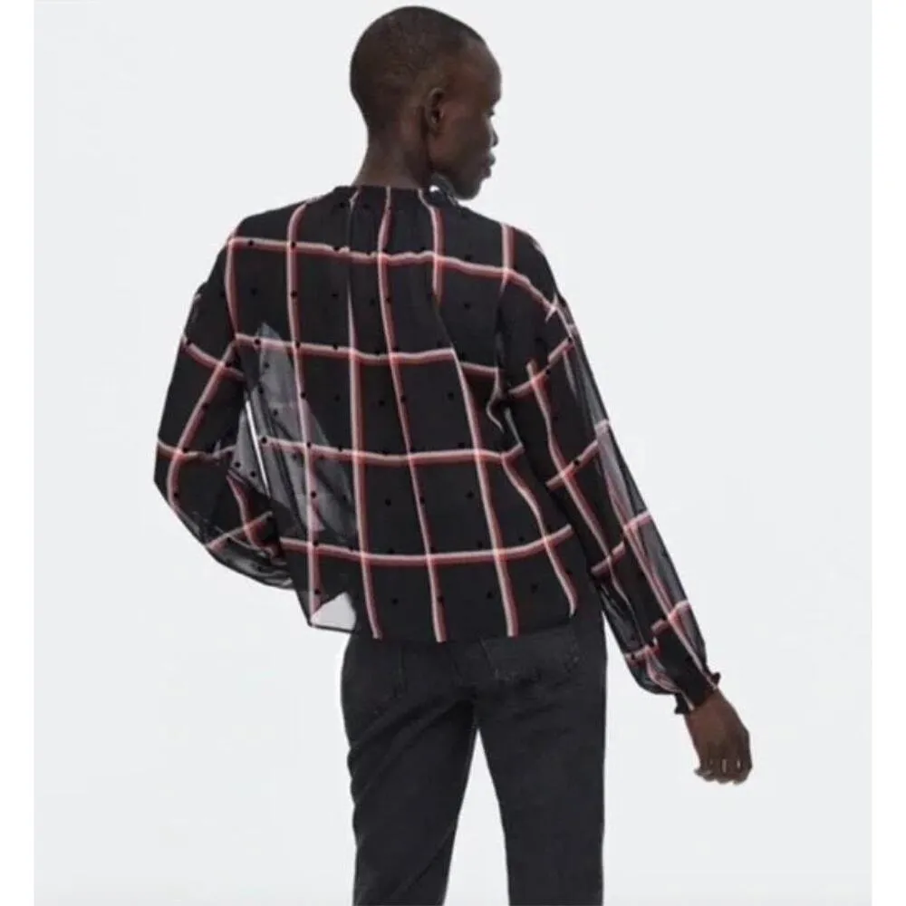 Zara Basic Women's sz. M Sheer Checker Dot Split Mock Neck Top Puff Sleeves - Image 3