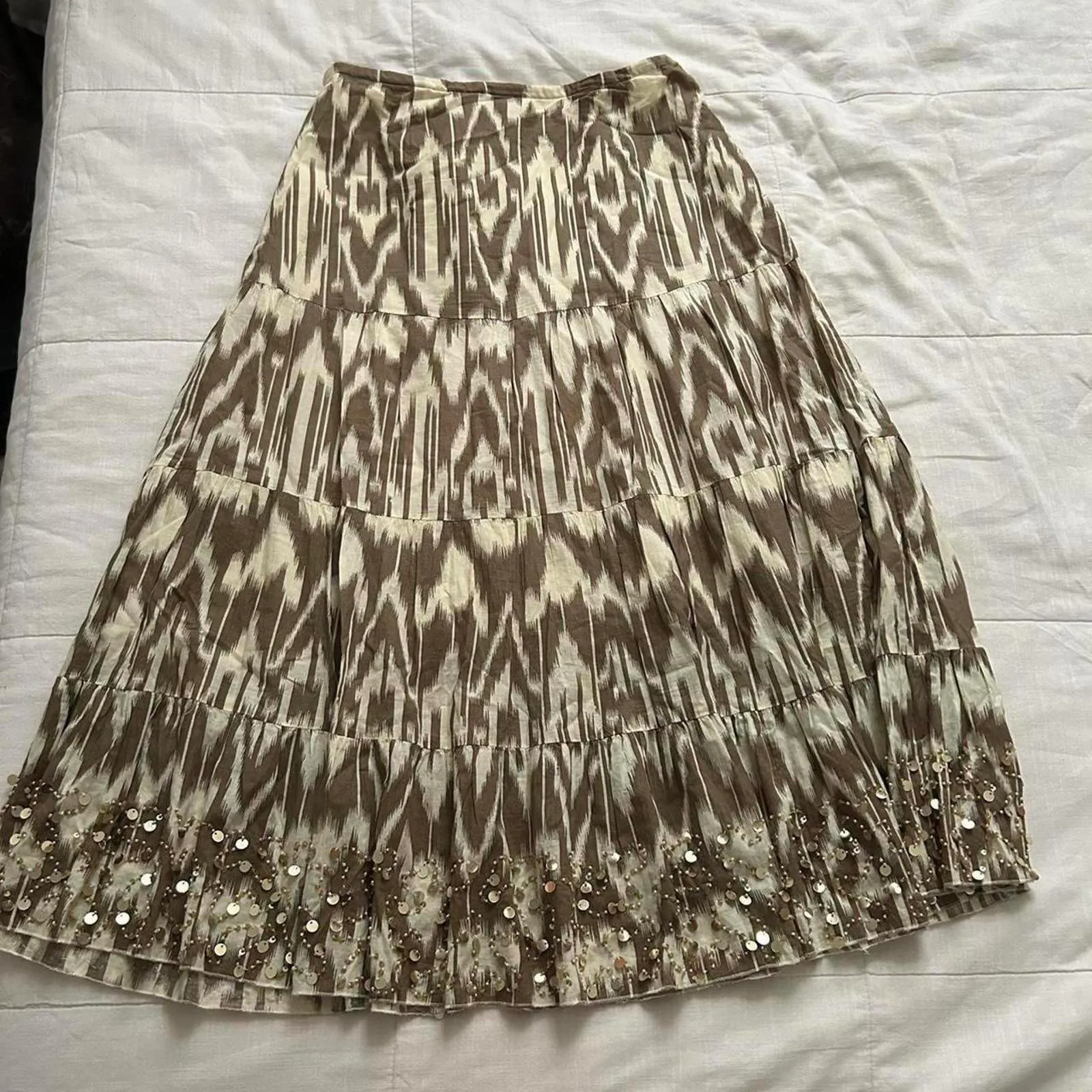 Y2K NY Collection Brown cream ikat print tiered ruffle peasant midi skirt - Image 4