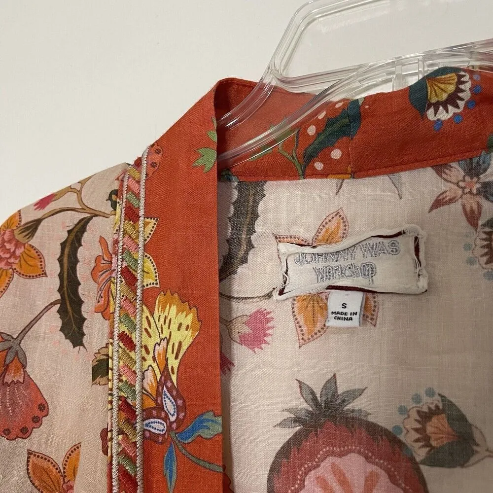 Johnny Was Workshop orange floral Ramie Open front kimono top size Small - Image 3
