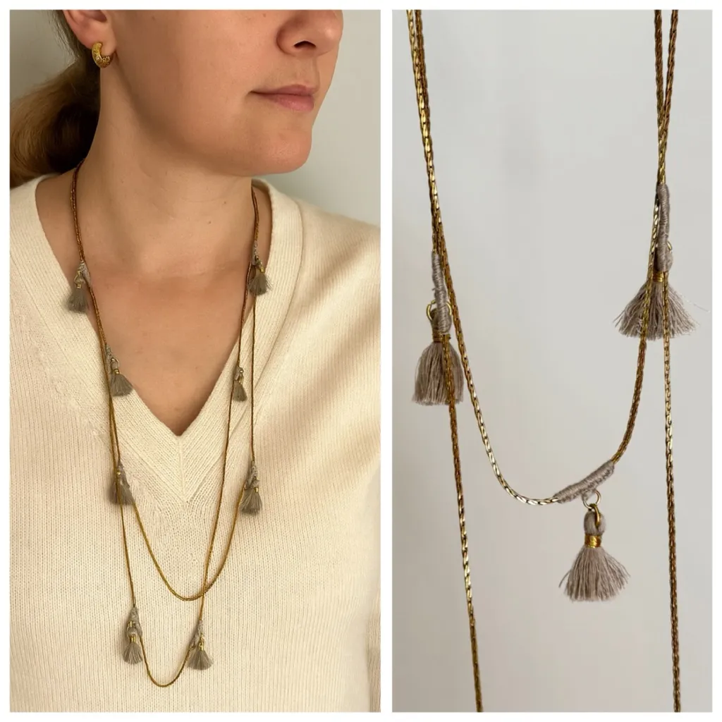 Anthropologie SHIRALEAH Lena Long Tassel Boho Wrap Necklace, Grey & Gold - Image 12