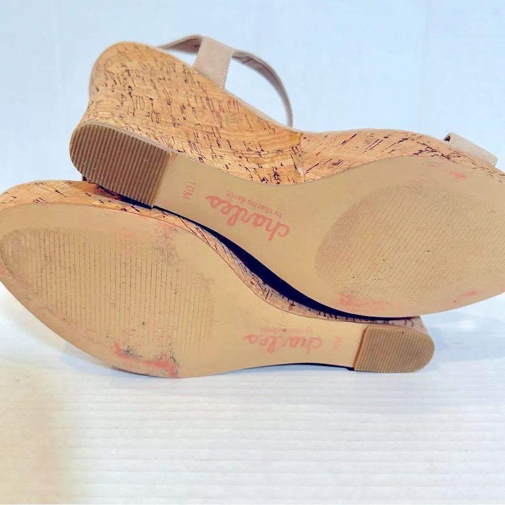 Charles‎ David Cork Wedge Sandal Women's Size 10M Beige Nude Faux Suede - Image 4