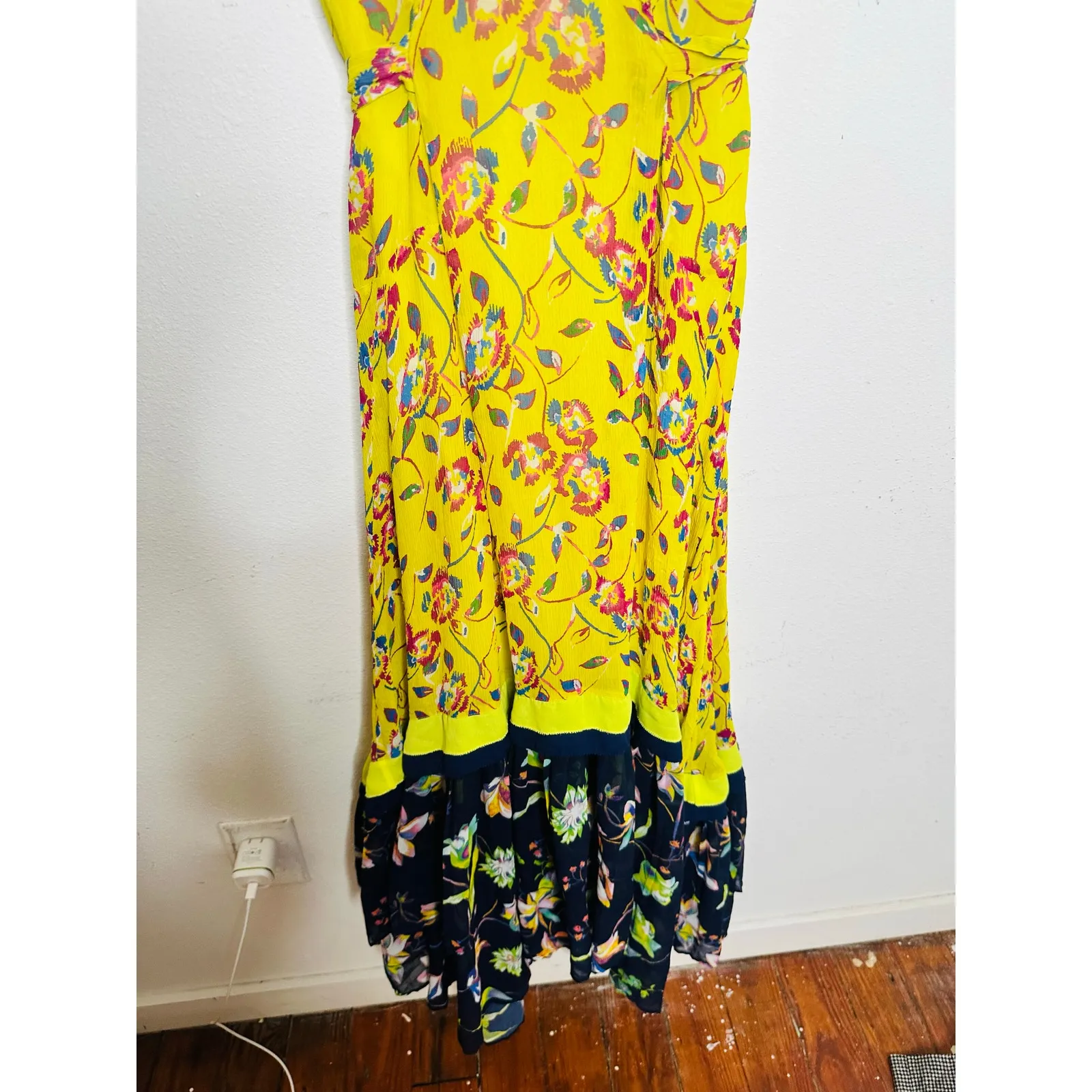 TANYA TAYLOR Yellow Navy Floral Pleated Printed 100% Silk Garden Everly Dress 2 - Image 5