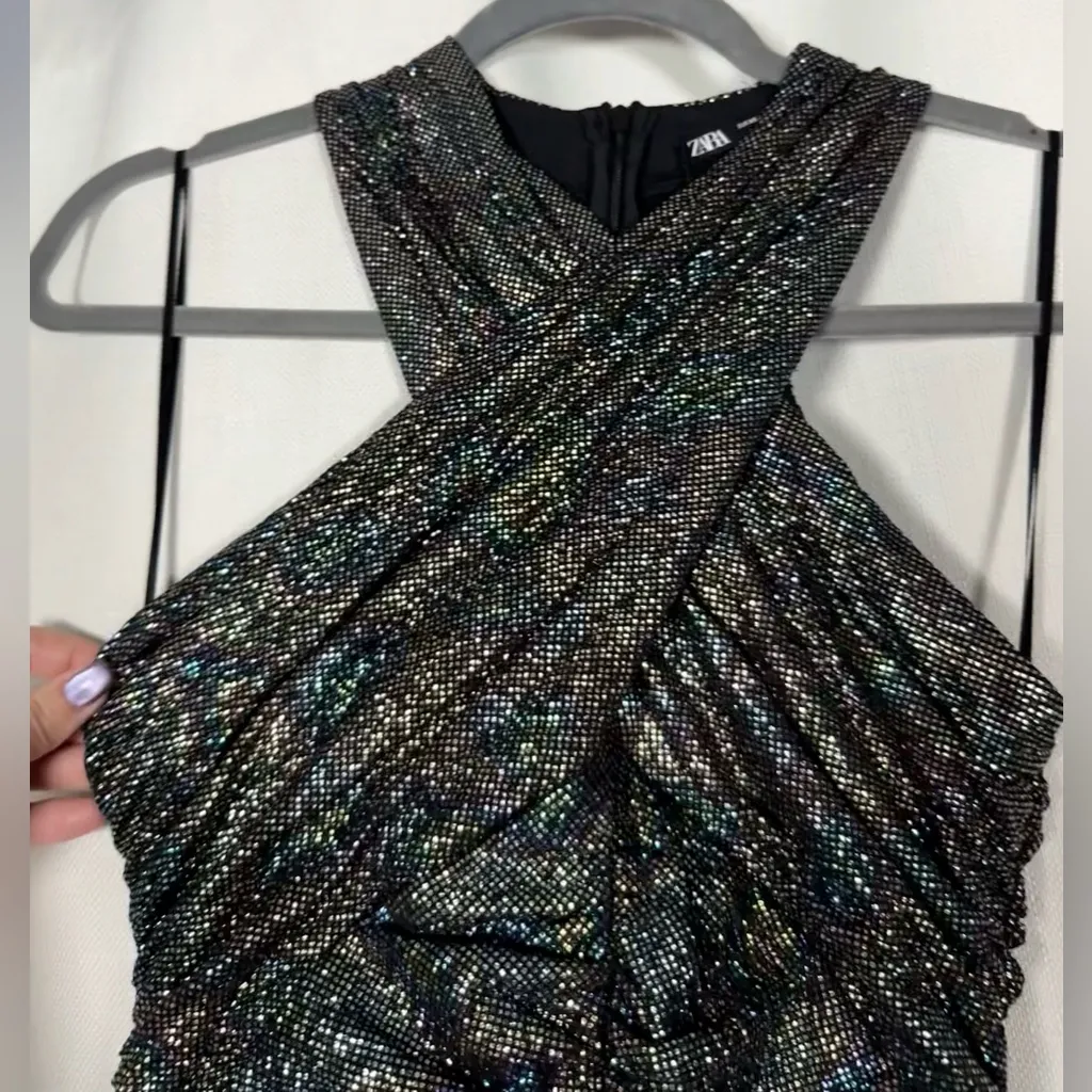 Zara Black Rainbow Metallic Cross Neck Halter Ruched Mini Dress XS - Image 10