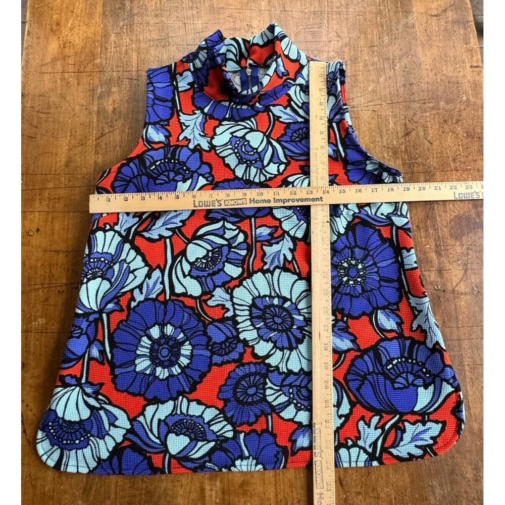 Mock Neck Sleeveless Tank Top Sz: L Floral Zip Back Blue Waffle Knit - Image 9