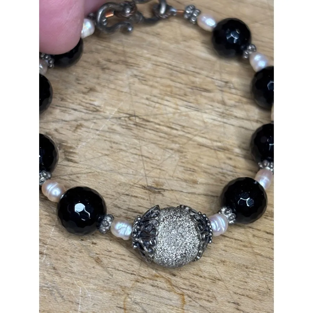 Handcrafted Black Beaded Bracelet With Pearl Accents & Silver-Tone Clasp - Image 4