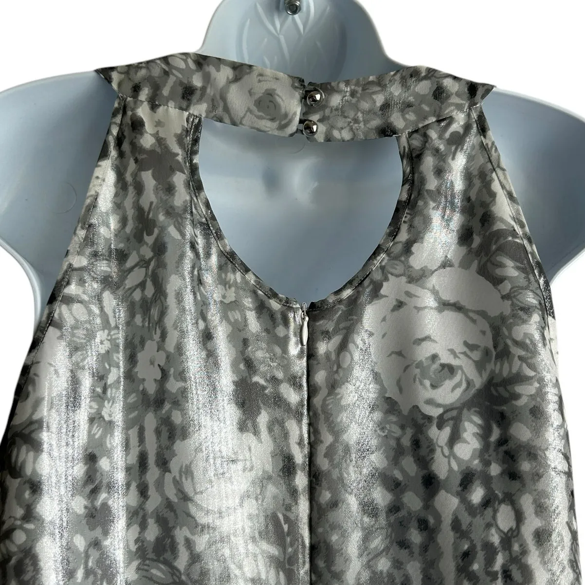 ECI Women Top 4 Metallic Silver Floral Rhinestone Neck Babydoll Disco Glam Boho‎ - Image 4