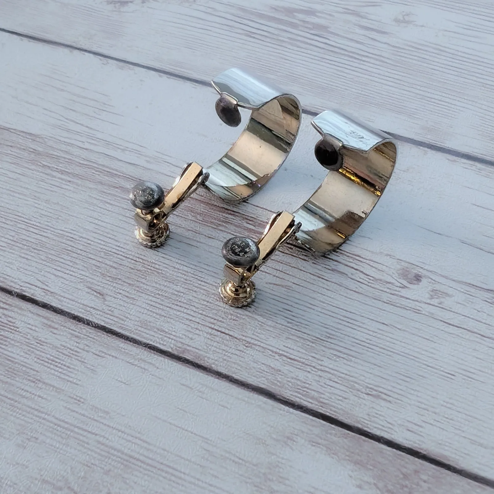 Vintage Clip On Earrings Chunky Hoops Silver Tone Outside, Gold Tone Inside - Image 6