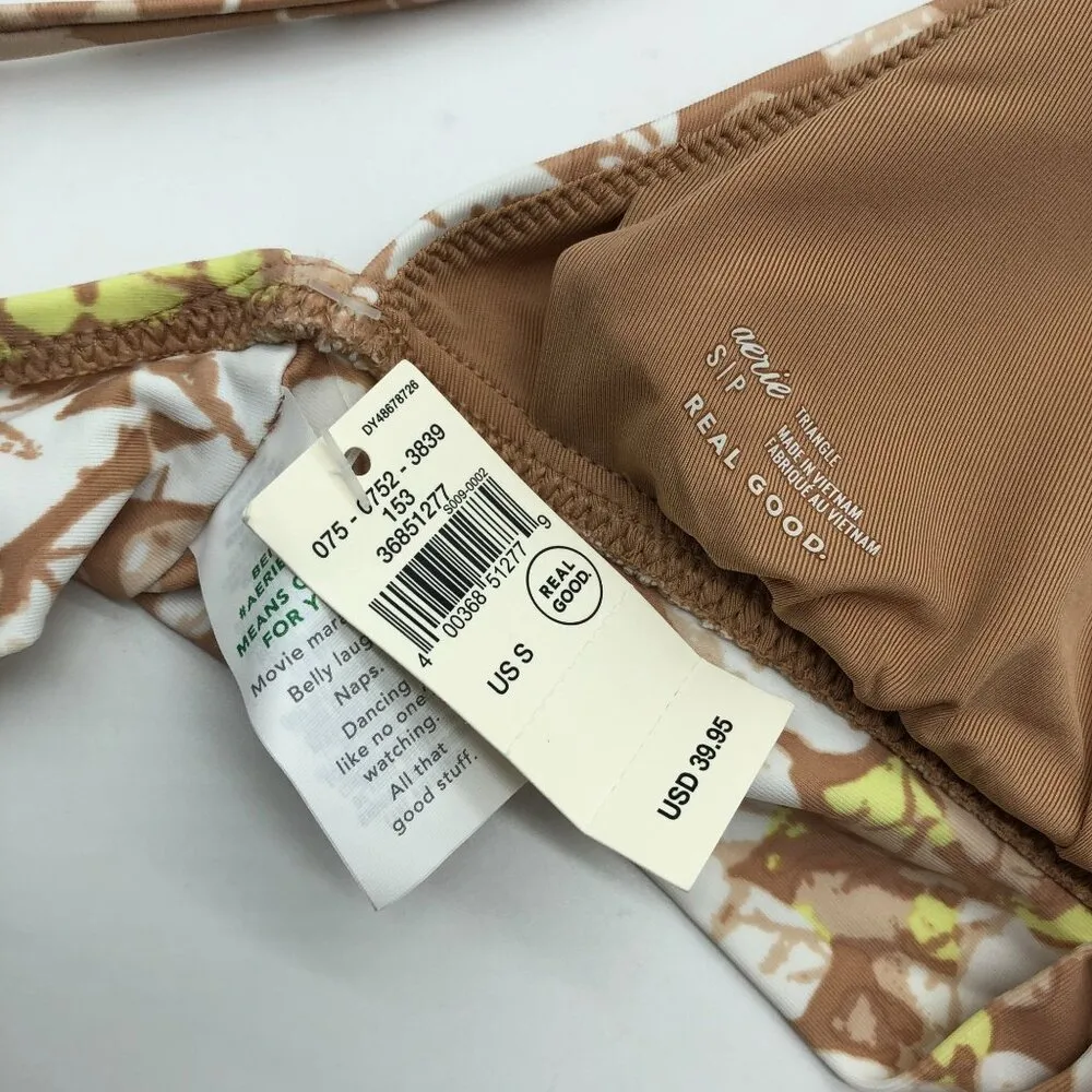 Aerie Swim Real Good Triangle Bikini Top Floral Print Brown White Size S - Image 3
