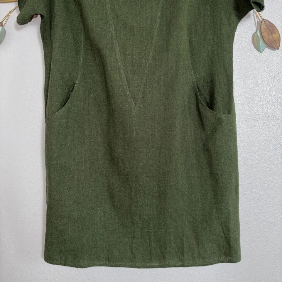 Soft Surroundings Olive Green Cold Shoulder Linen Blend Shift Dress Size Medium - Image 3