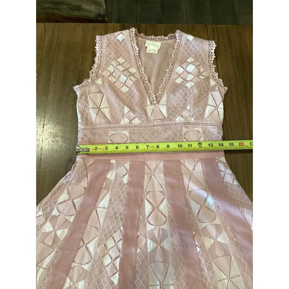 Foxiedox juliet V Neck Sleeveless Lace Trim Fairycore Mini Swing Dress Pink M - Image 4