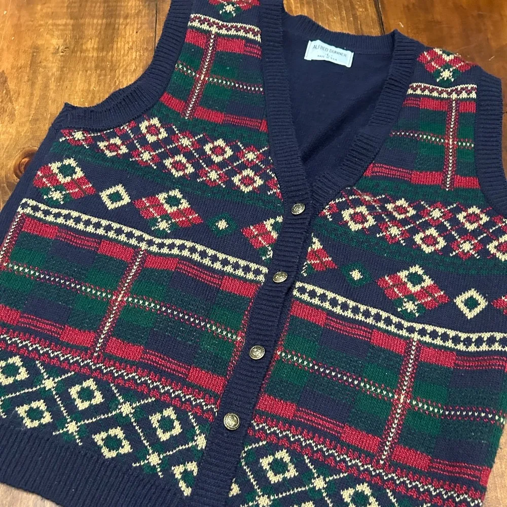 Alfred Dunner Vintage Womens Large Navy Green Red Winter Holiday Sweater Vest - Image 2