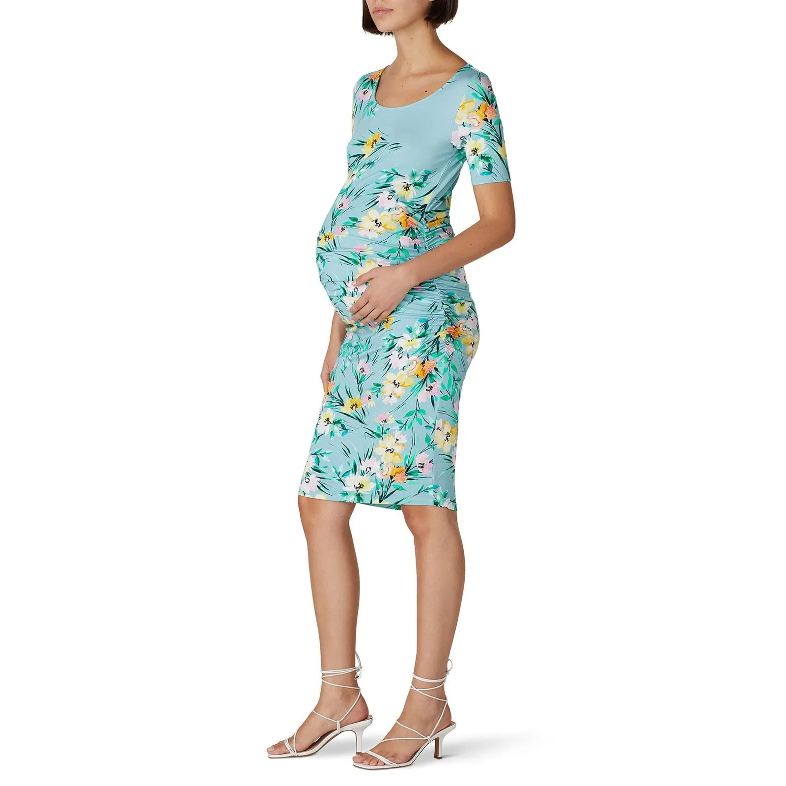 YUMI KIM Blue Floral Printed Mini Short Sleeve Scoop Maternity Dress sz S - Image 6