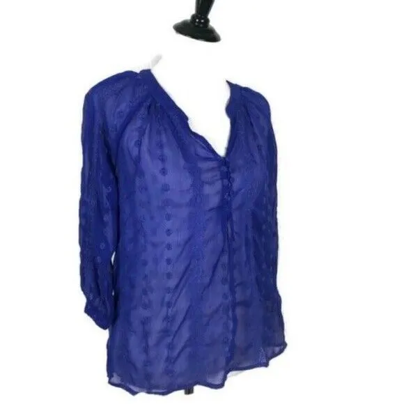 Olive and Oak Floral Embroidered Tunic Blue Blouse BOHO Sheer Split Neck Size S - Image 3