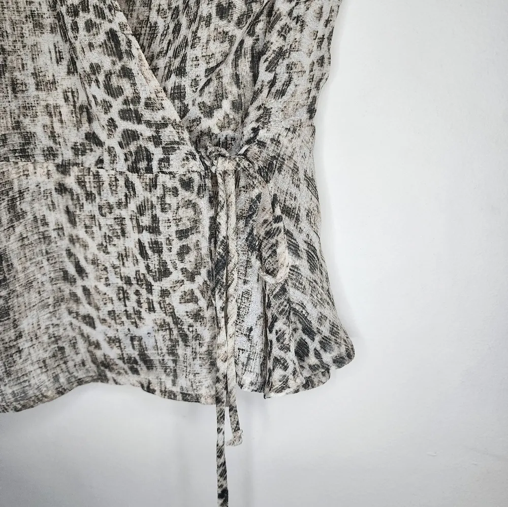 Lulu's Hot Take Leopard Animal Print Sheer Women M Fit & Flare Wrap Blouse - Image 3