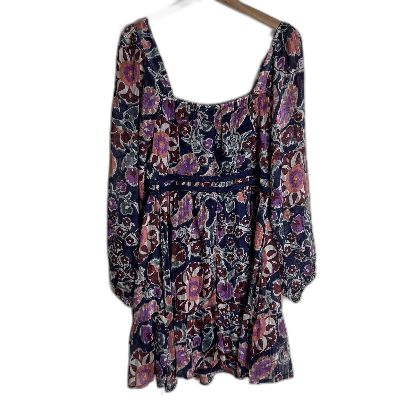 Very J Dress Womens Large Navy Purple Floral Boho Long Sleeve Lined Tie Front - Image 10