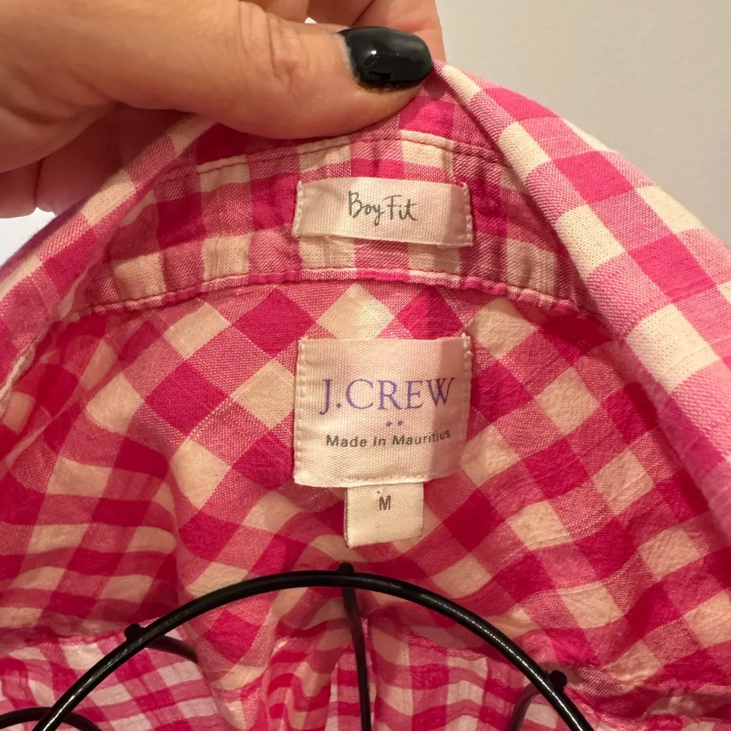J Crew gingham pink plaid boy fit cotton top Sz Med Button Loose Relaxed Blouse - Image 5