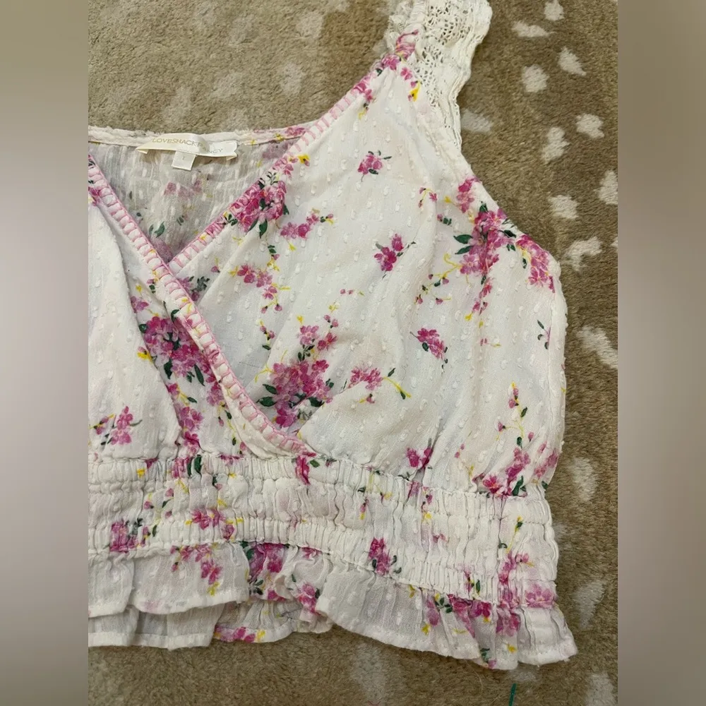 Love Shack Fancy white pink floral lace crochet sleeve crop tank women’s size L - Image 3