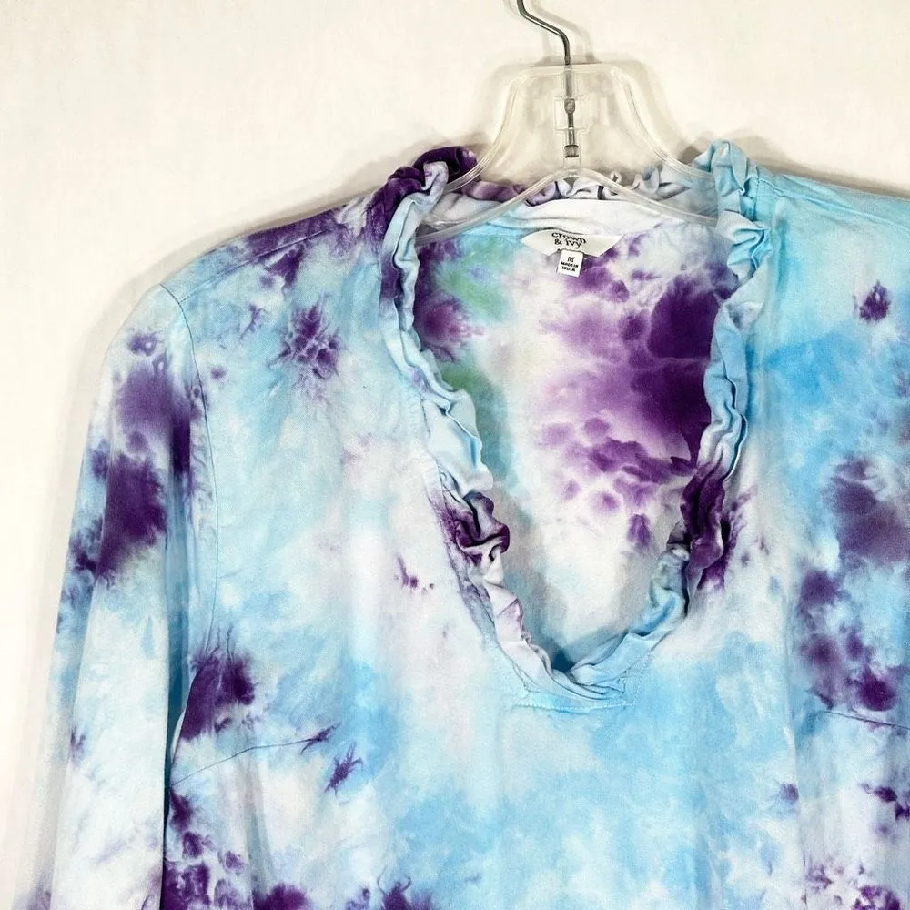 Crown Ivy Medium Top Lovely Evening Tie Dye Handmade Blue Purple Ruffle Neck 377 - Image 5