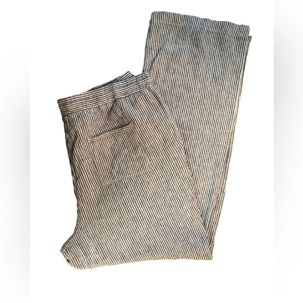 Ellen Tracy Linen Beach Pant Sz. L Wide Leg Marna Blue Striped  Casual Pockets - Image 2