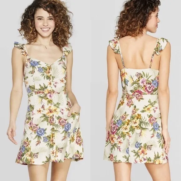 NWOT Beige Floral Palm Leaf Button Up Ruffle Dress - Image 2