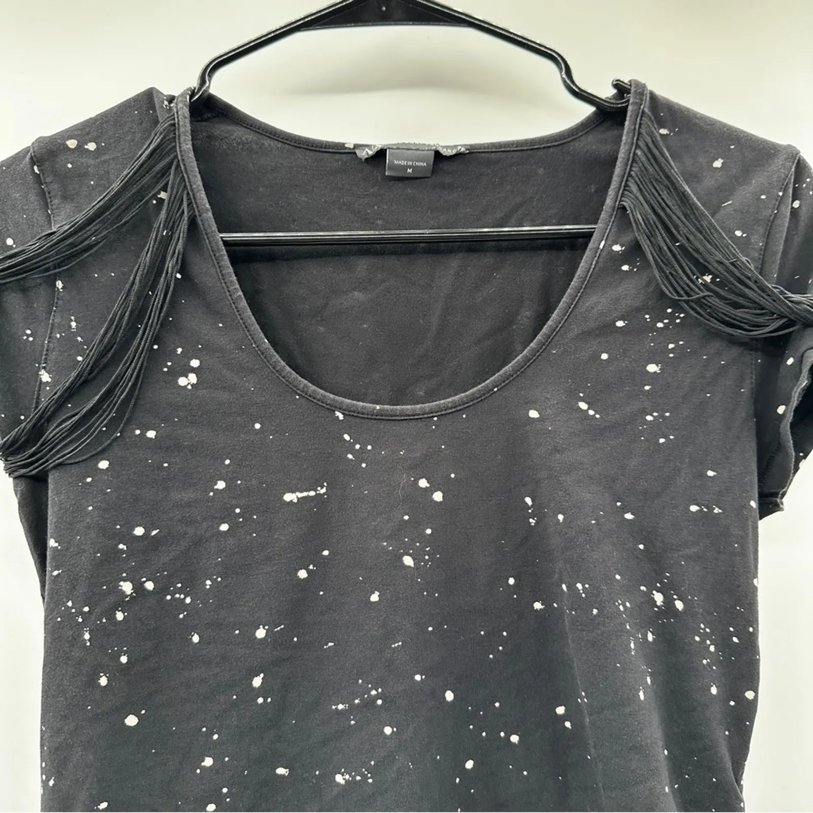 Armani Exchange Black & Cream Paint Splatter Fringe Shoulder‎ Short Sleeve Shirt - Image 2