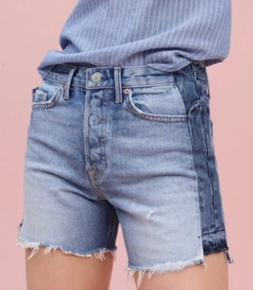 GRLFRND Sophie Mid Rise Two‎ Tone Blue Raw Hem Jean Shorts Rigid Casual Size 24 - Image 2