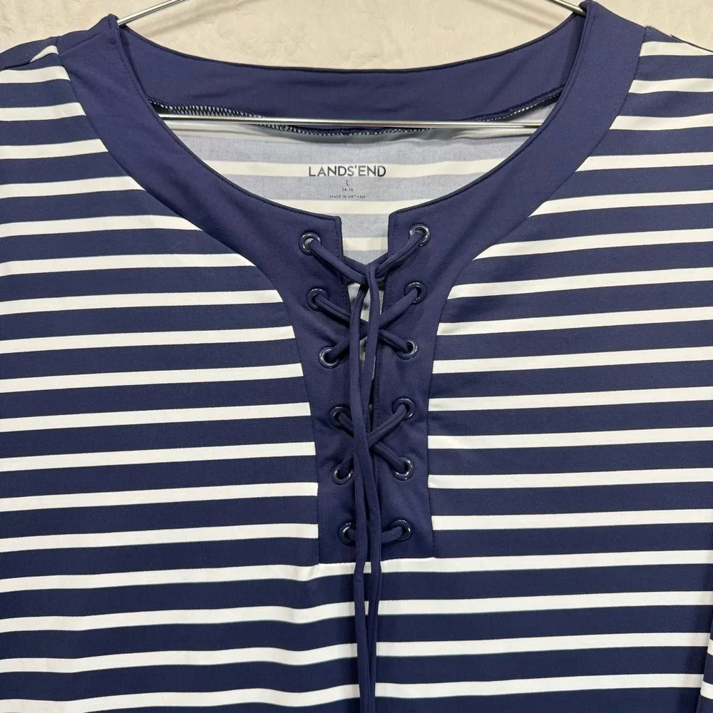 Lands’ End Navy Blue & White Nautical Stripe 3/4 Sleeve Shift Dress Beach Sailor Size L - Image 5