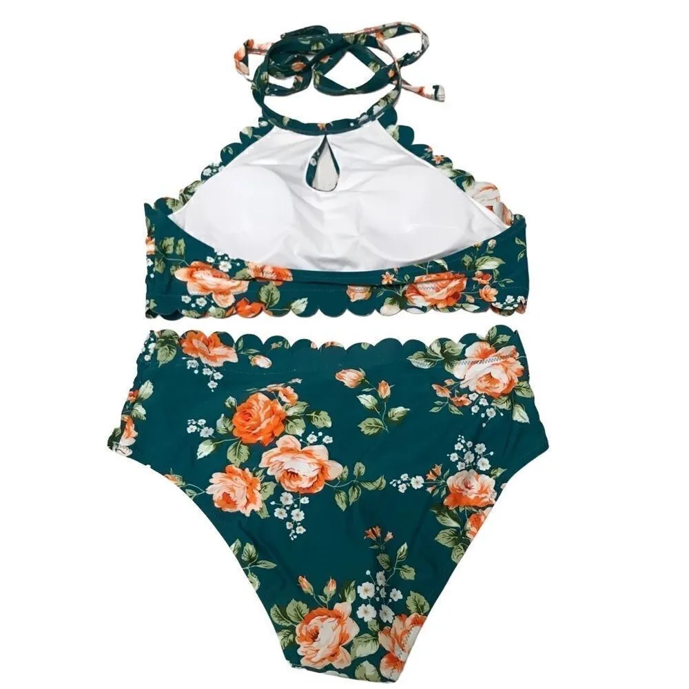 Cupshe teal floral scallop halter bikini set L - Image 4