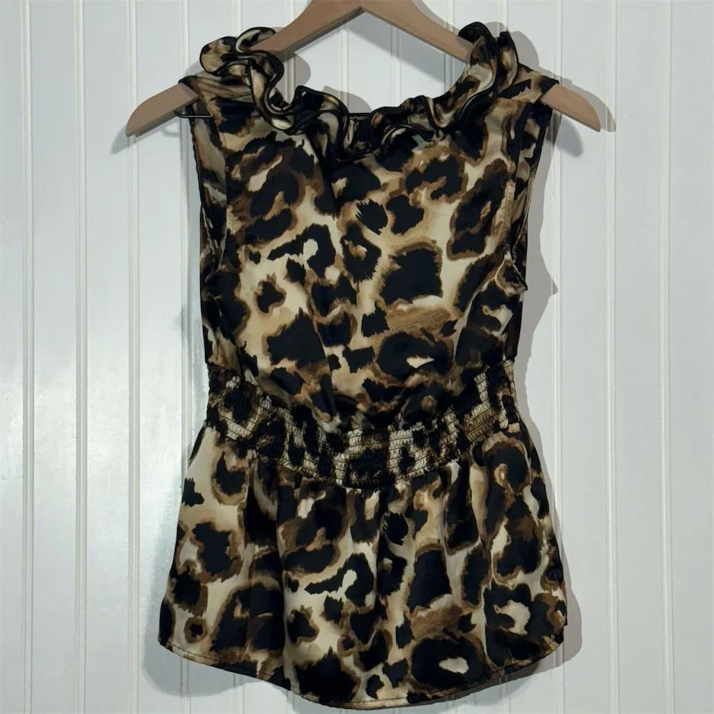IZ Byer Leopard‎ Print Ruffle Blouse M Animal Print Sleeveless Top Mob Wife Y2K - Image 2
