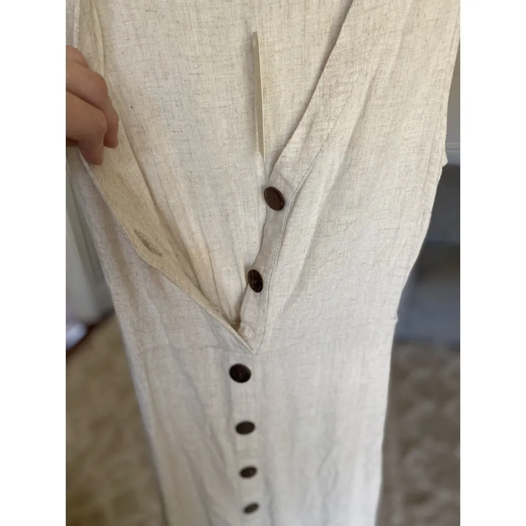 Monteau Los Angeles Linen Midi Dress Button Front Beige Neutral M Summer Autumn Brown Size M - Image 4