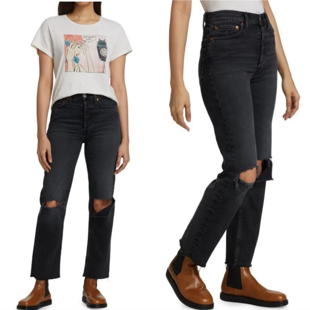 Re/Done Originals 70s Stove Pipe Straight Jeans Faded Coal With Rips Distressed - Image 8