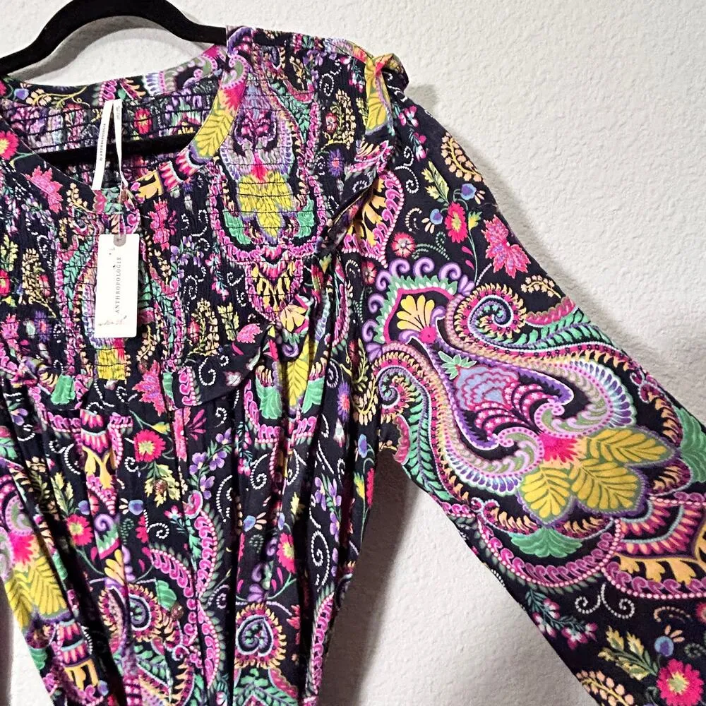 By Anthropologie Tunisian Tunic Paisley Vibrant Smocked Collar NWT Large Coverup - Image 7