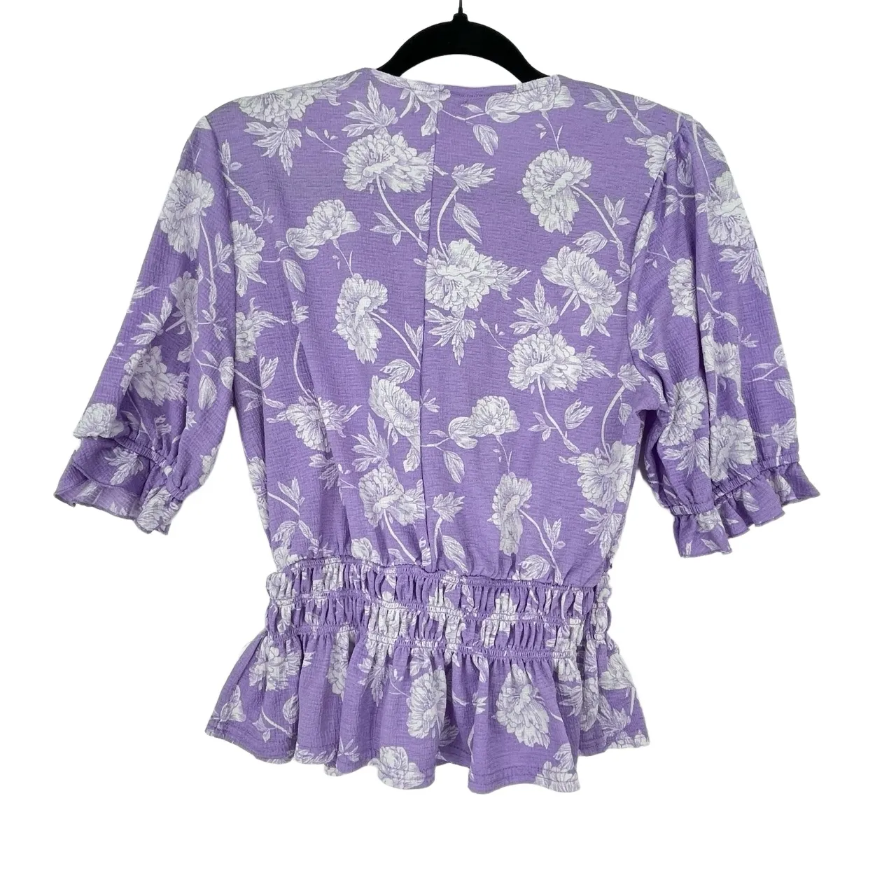 Melloday Womens V-Neck Puff Sleeve Lilac Floral Peplum Fairy Core‎ Blouse Medium - Image 6