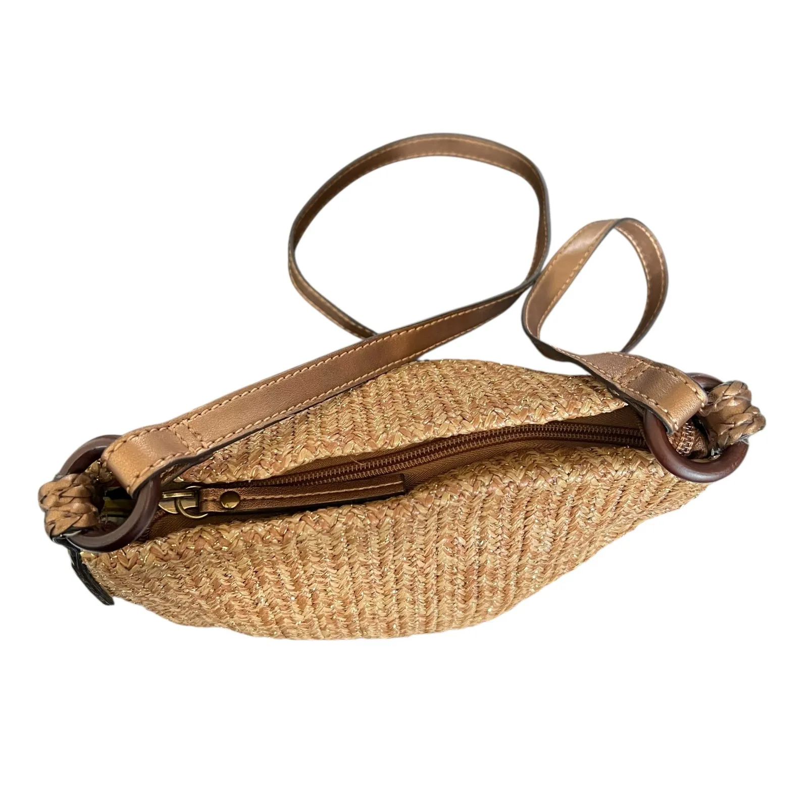 Fossil Brown Woven Metallic Bronze Leather Crossbody Bag Y2K Vintage - Image 5