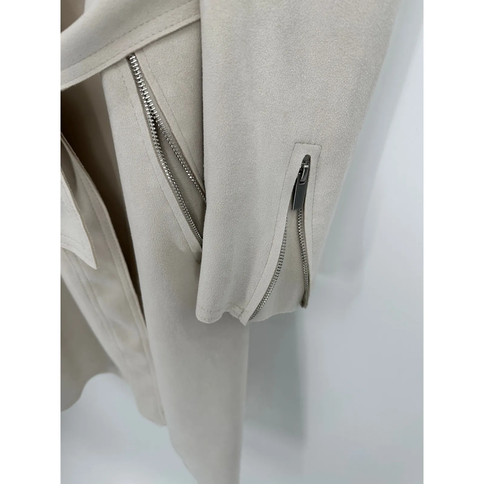 Magaschoni Cream Nude Suede Trench‎ Coat Women Small Open Front Belted - Image 4