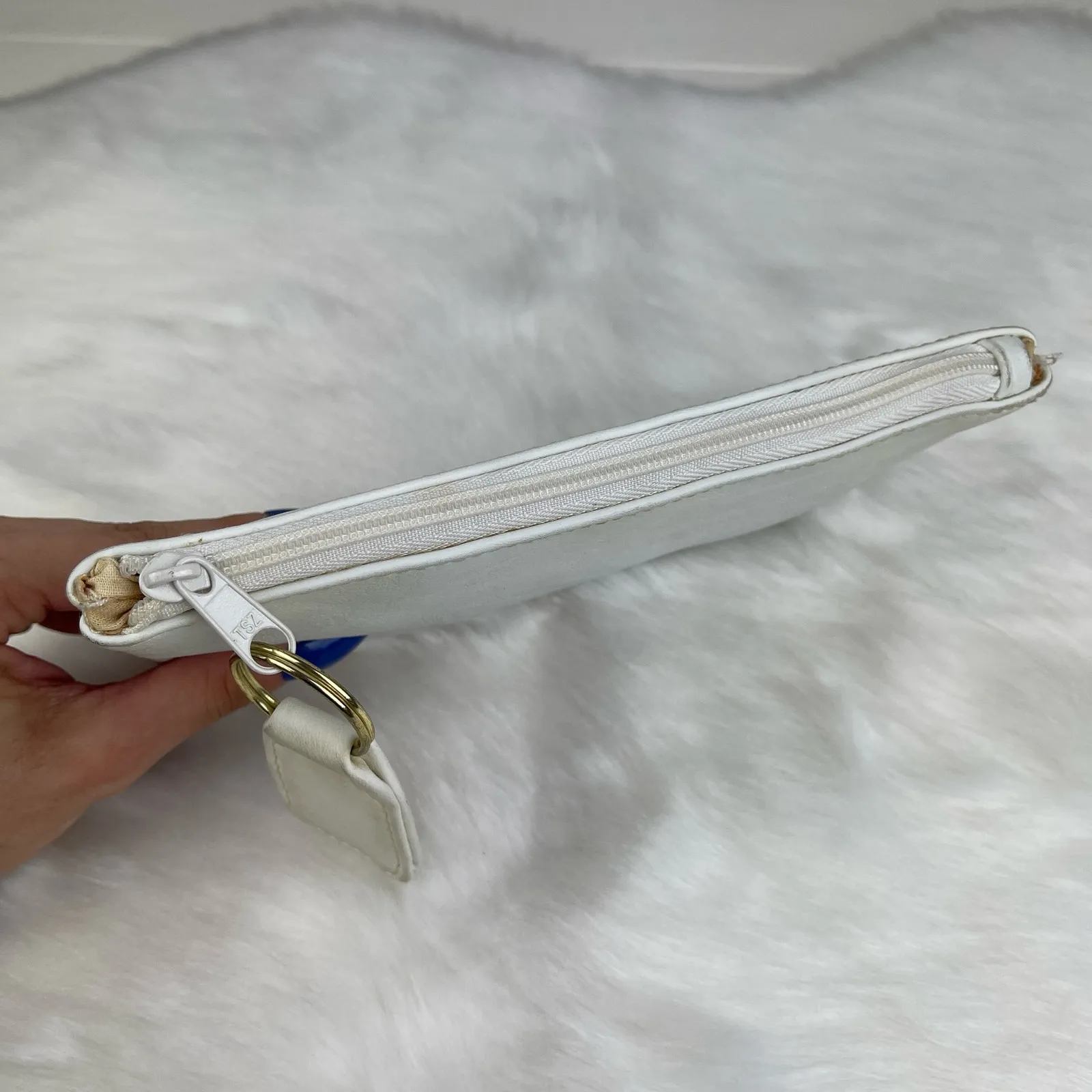 VTG 70s 80s White Leather Makeup Bag Travel Purse Coin Pouch Cosmetic Case - Image 7