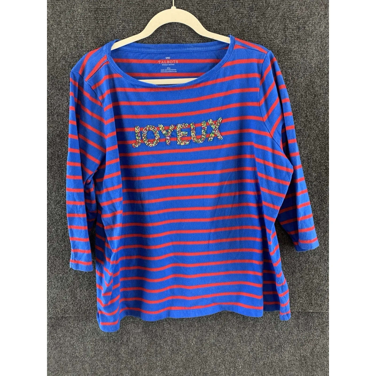 Talbots Women’s T Shirt 3/4 Sleeve Blue Red Stripes Beaded Joyeux Size 2XLP - Image 2