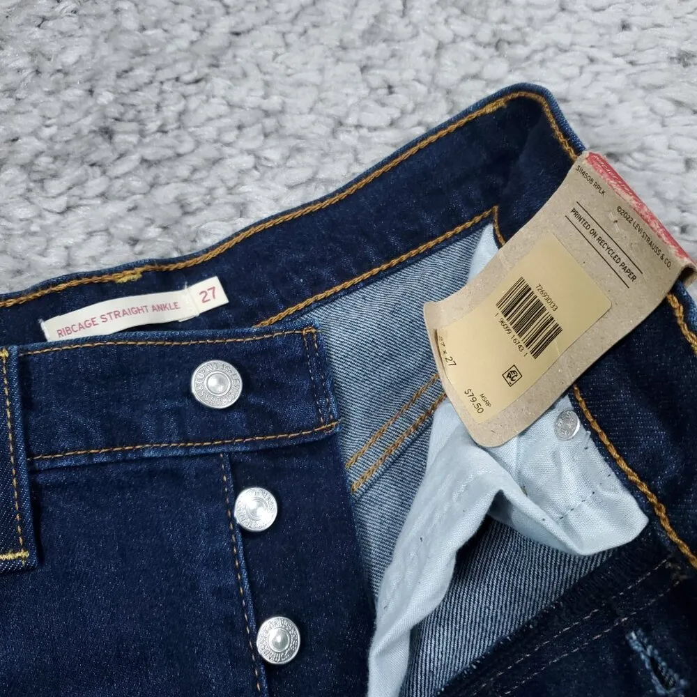 Levi's Ribcage Straight Ankle Stretch Jeans Dark Wash Blue Size 27x27 Ripped - Image 5