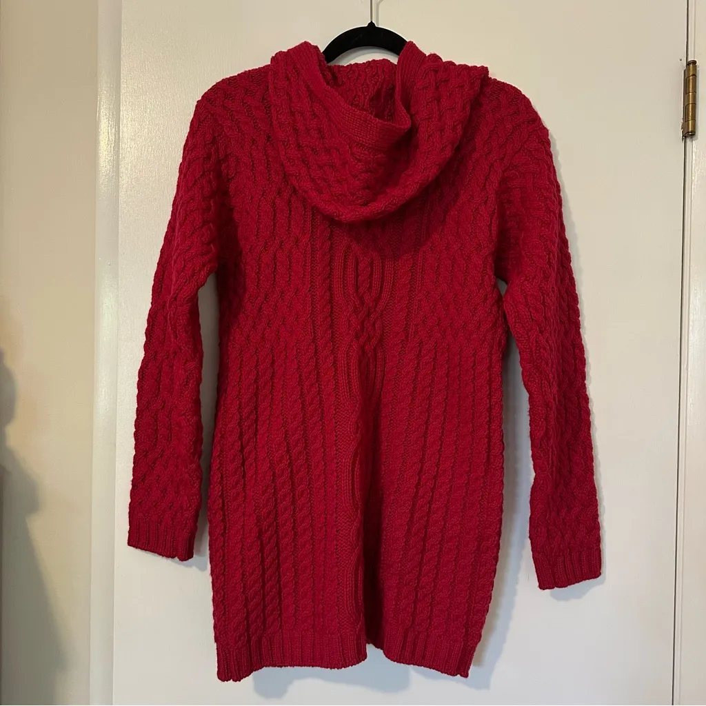 Aran Crafts Merino Wool Fisherman Cable Knit Hooded Button Front Sweater Womens Red Size XXS - Image 3