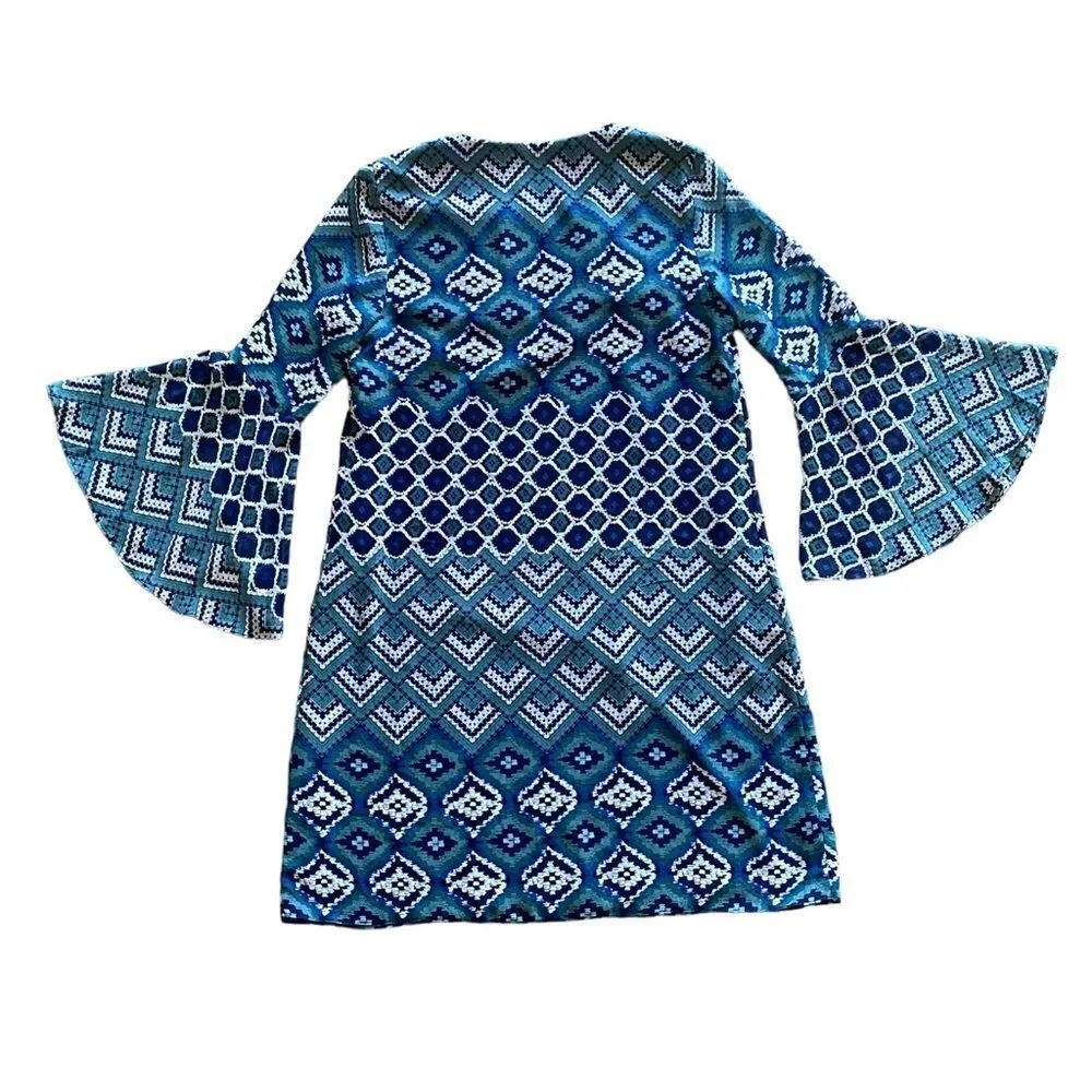 Vince Camuto Tassel Dress Bell Sleeve Royal Blue Teal Geometric - Image 8