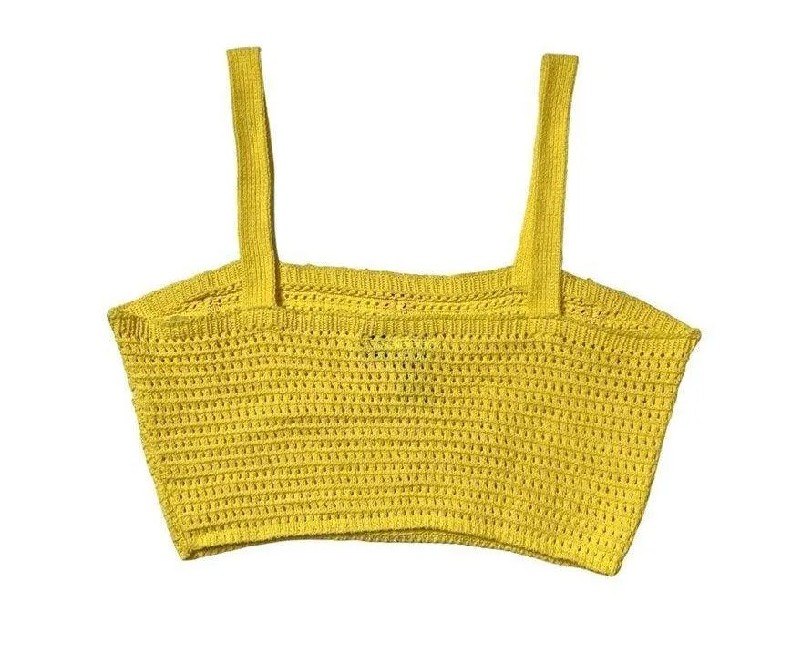 Yellow/Pink Flower Crochet Cropped Tank Top Sz L Women - Image 3