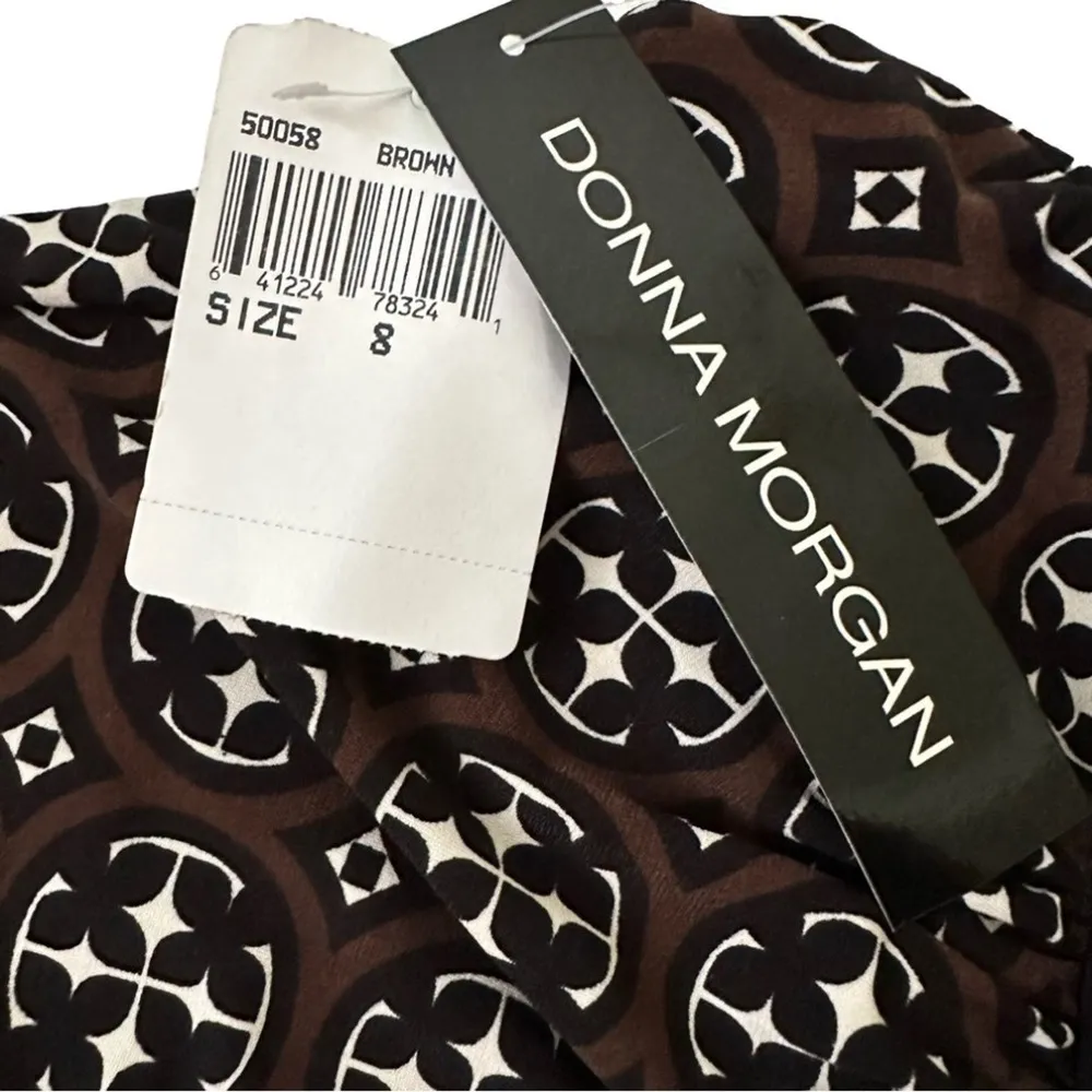 Donna Morgan Dress Halter Brown Black White Print Ruched Waist Dress Size 8 NEW - Image 10