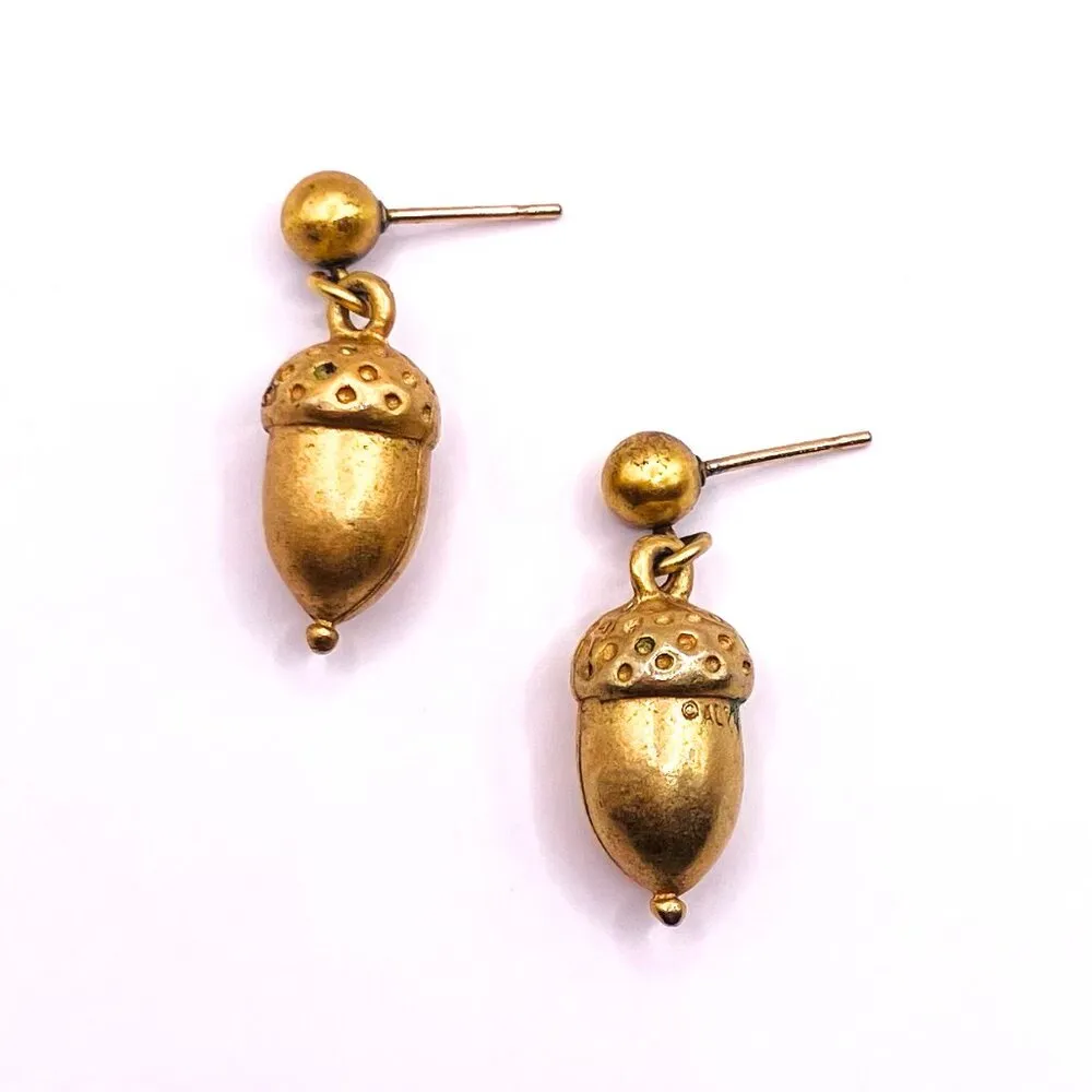 Vintage Antique Georgian Victorian Brass Alva Museum Delicate Acorn Earrings Gold - Image 2