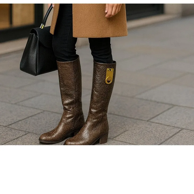 Stuart Weitzman Brown Leather Tall Boots – Brass Ring Hardware – Size 6 - Image 14