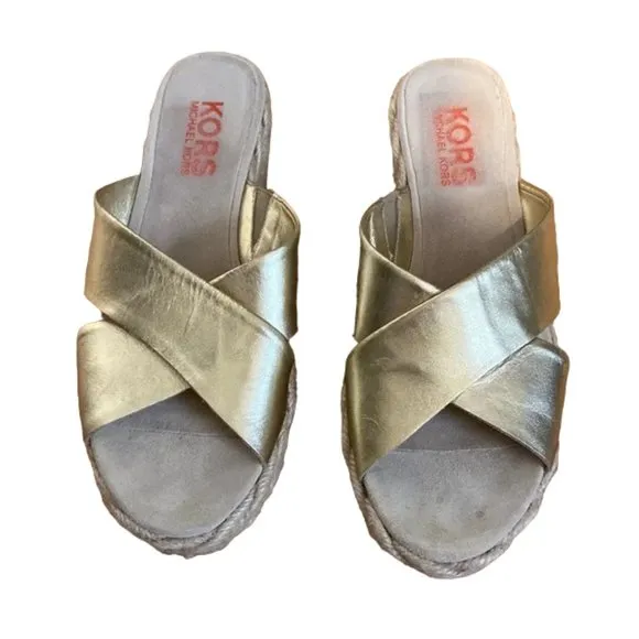 KORS Michael Kors Gold Leather Criss Cross Platform Wedge Espadrille Sandals 9.5 - Image 2