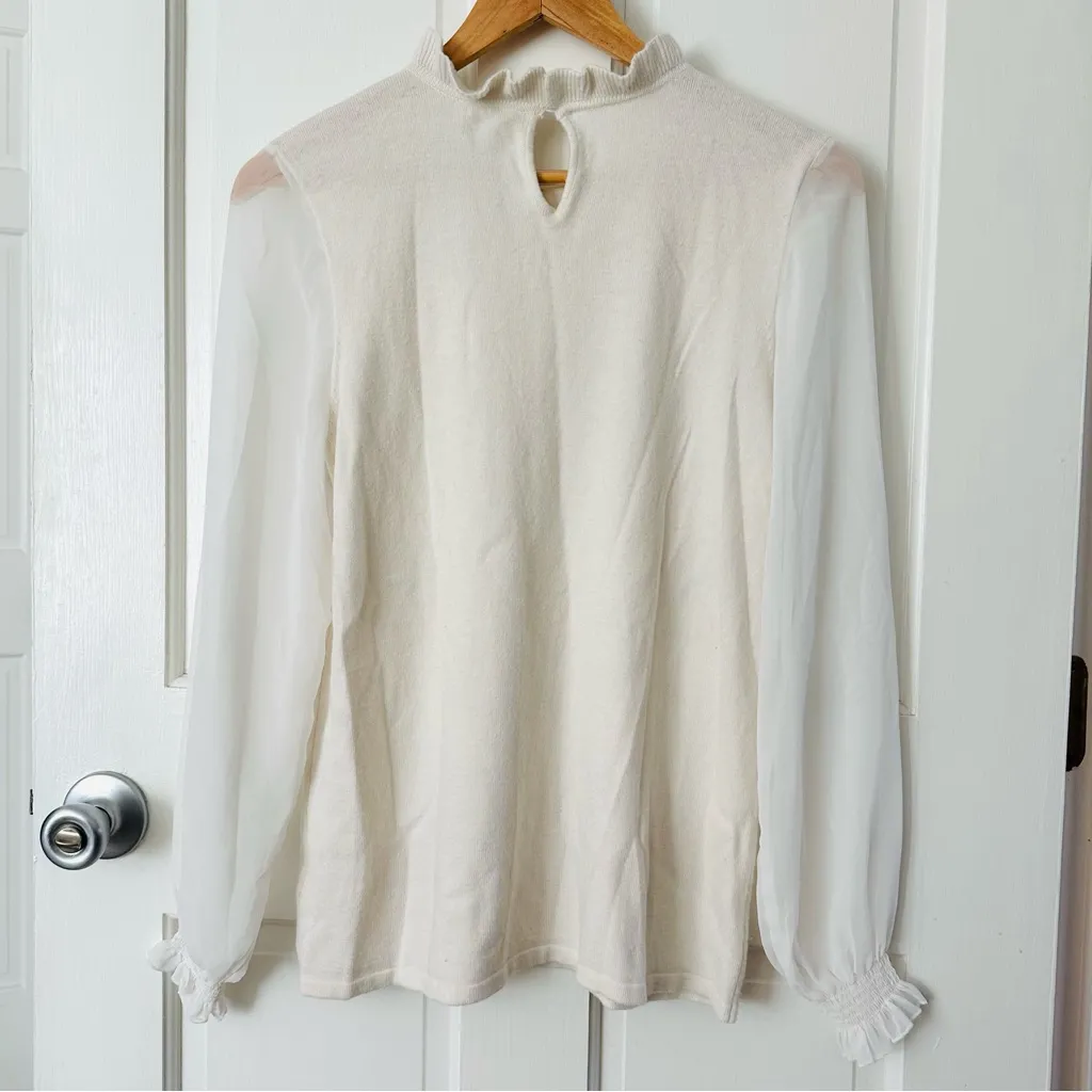 MOTH Anthropologie Ivory Cream Ruffle Sweater Blouse with Sheer Sleeves Size M - Image 5