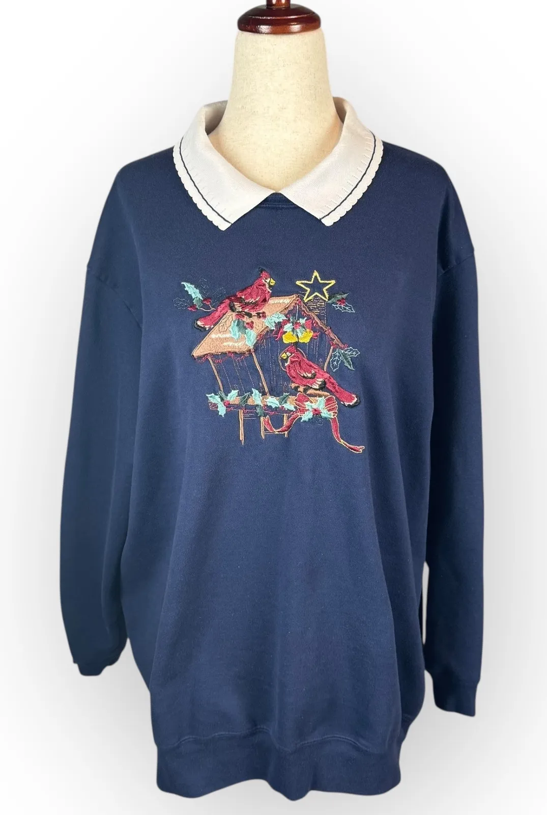 VTG Bobbie Brooks Collared Blue Embroidered Christmas Sweatshirt XL - Image 1
